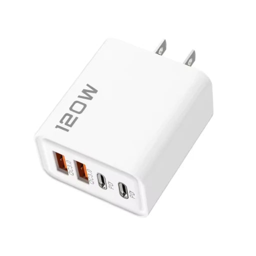 White US 120W power adapter with 4 ports, 2 USB-C PD and 2 USB-A QC 3.0 on a white background