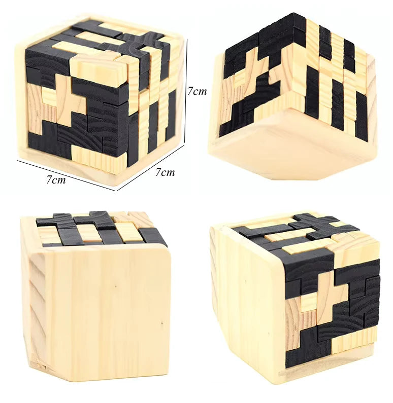 Wooden 3D cube puzzle with interlocking pieces, shown from multiple angles with measurements of 7cm by 7cm by 7cm