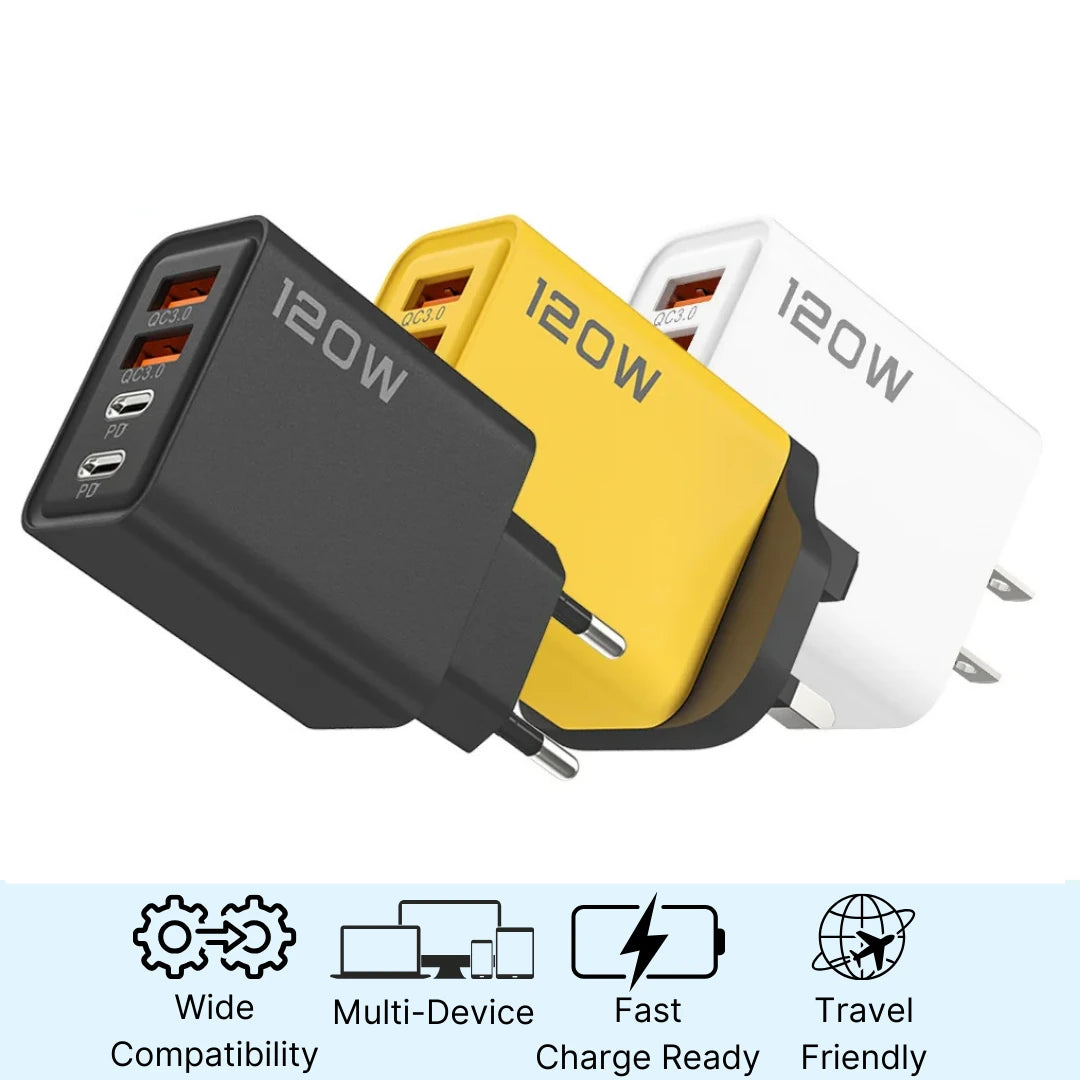 Three 120W power adapters in black, yellow, and white on a white background.