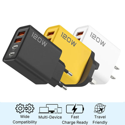 Three 120W power adapters in black, yellow, and white on a white background.