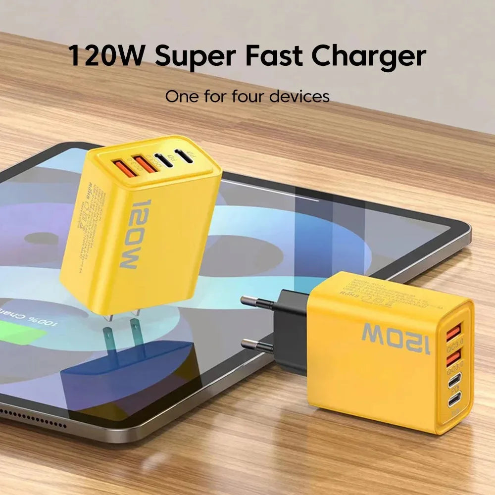 Yellow 120W super fast charger with multiple ports on a wooden surface.