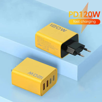 Yellow PD120W charging adapter on a light blue background