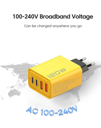 Yellow power adapter with multiple ports on a world map background, indicating global compatibility with text '100 to 240 volts Broadband Voltage.  Can be charged anywhere you go'