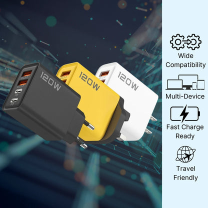 Three 120W power adapters in black, yellow, and white on a white background.