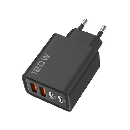 Black EU 120W power adapter with 4 ports, 2 USB-C PD and 2 USB-A QC 3.0 on a white background