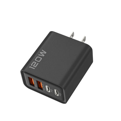 Black US 120W power adapter with 4 ports, 2 USB-C PD and 2 USB-A QC 3.0 on a white background