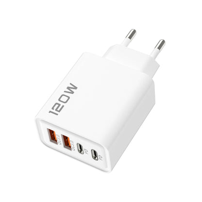 White EU 120W power adapter with 4 ports, 2 USB-C PD and 2 USB-A QC 3.0 on a white background