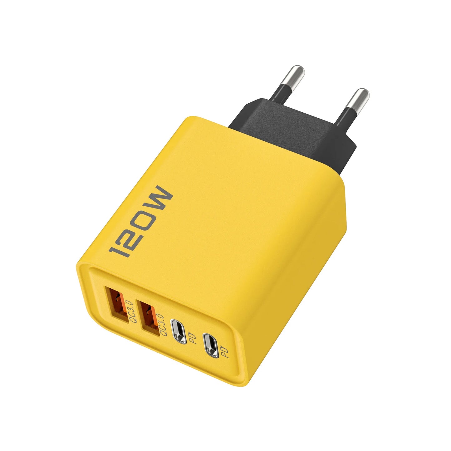 Yellow EU 120W power adapter with 4 ports, 2 USB-C PD and 2 USB-A QC 3.0 on a white background