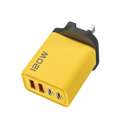 Yellow UK 120W power adapter with 4 ports, 2 USB-C PD and 2 USB-A QC 3.0 on a white background