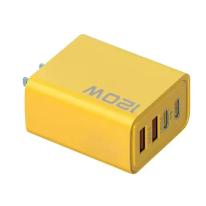 Yellow US 120W power adapter with 4 ports, 2 USB-C PD and 2 USB-A QC 3.0 on a white background