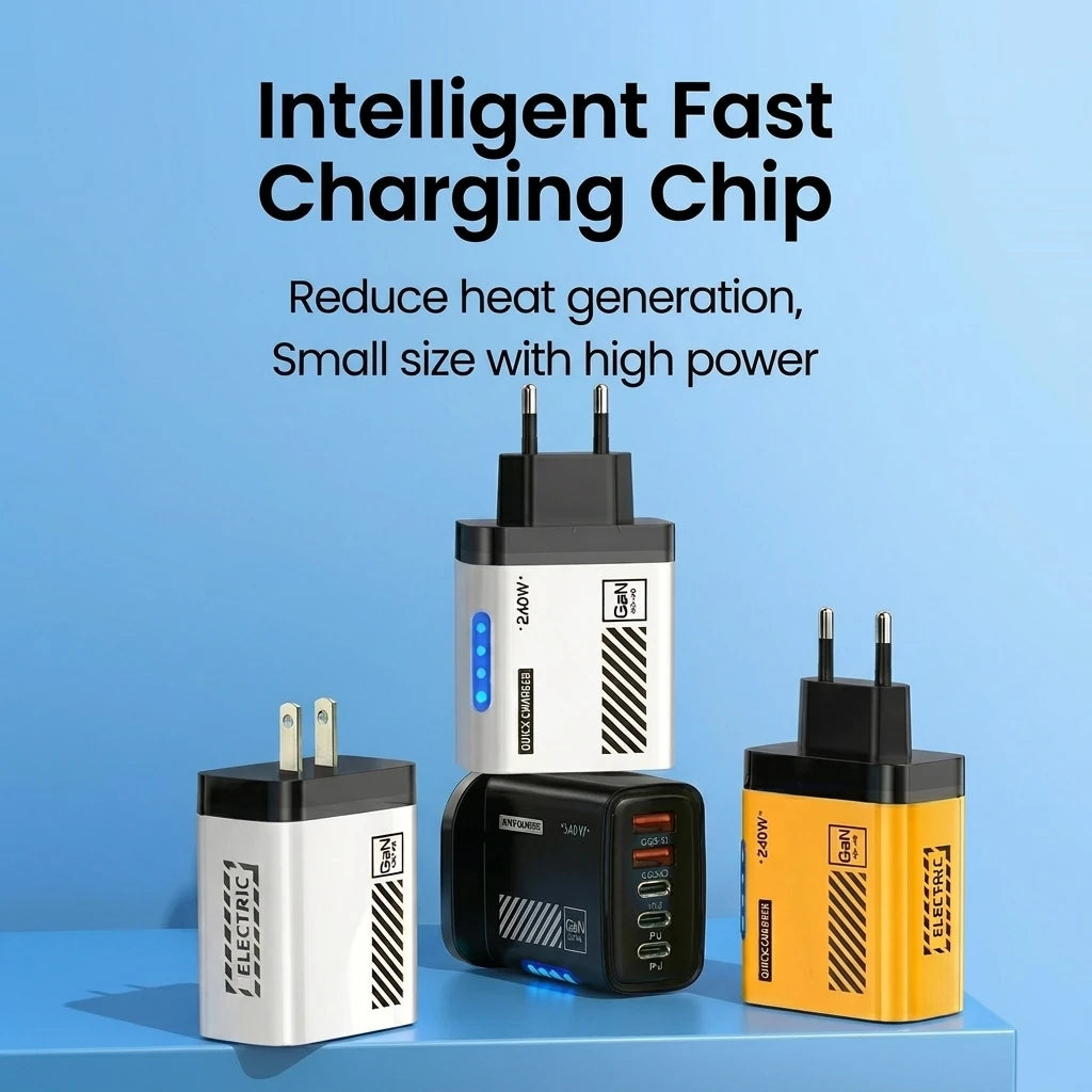 Set of charging adapters with text about an intelligent fast charging chip on a blue background