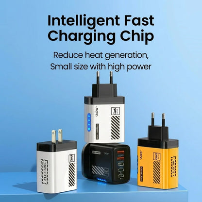 Set of charging adapters with text about an intelligent fast charging chip on a blue background