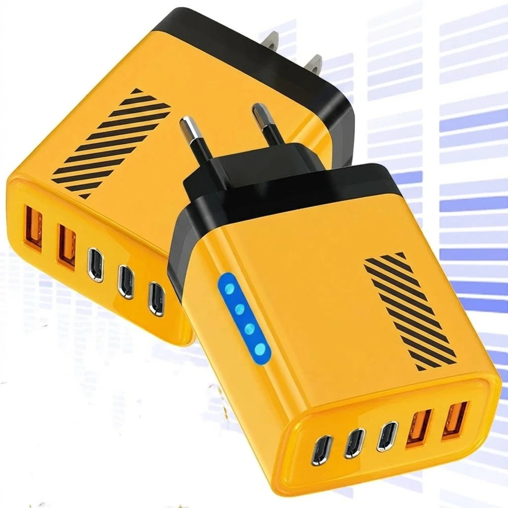 Yellow power adapter with multiple USB ports on a white background