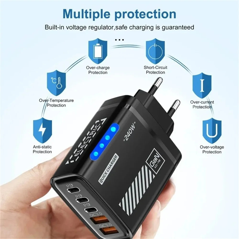 Black charging adapter with multiple protection features held by a hand, on a light blue background.