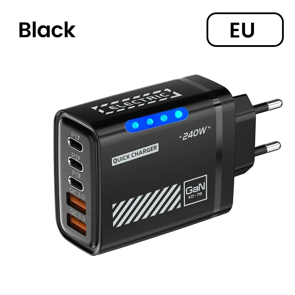 Black EU 240W USB wall charger with 5 fast charging ports on a white background