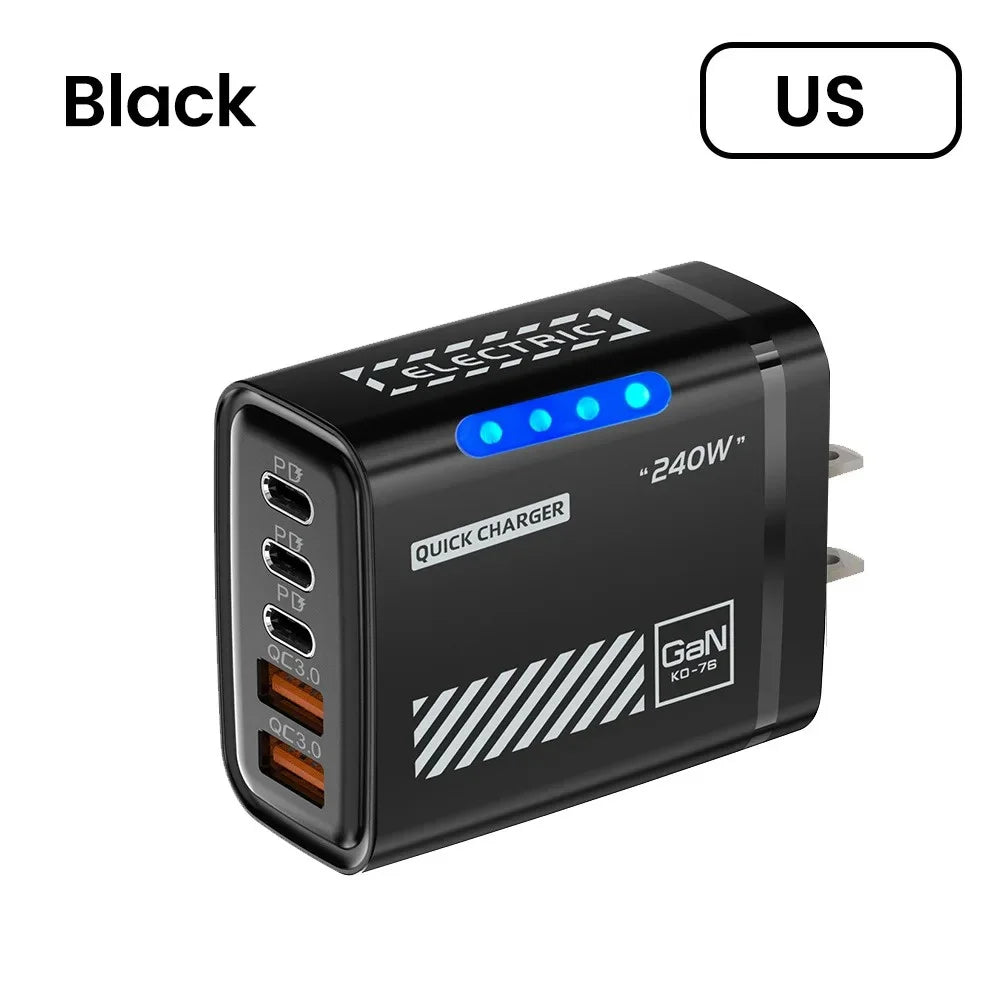 Black US 240W USB wall charger with 5 fast charging ports on a white background