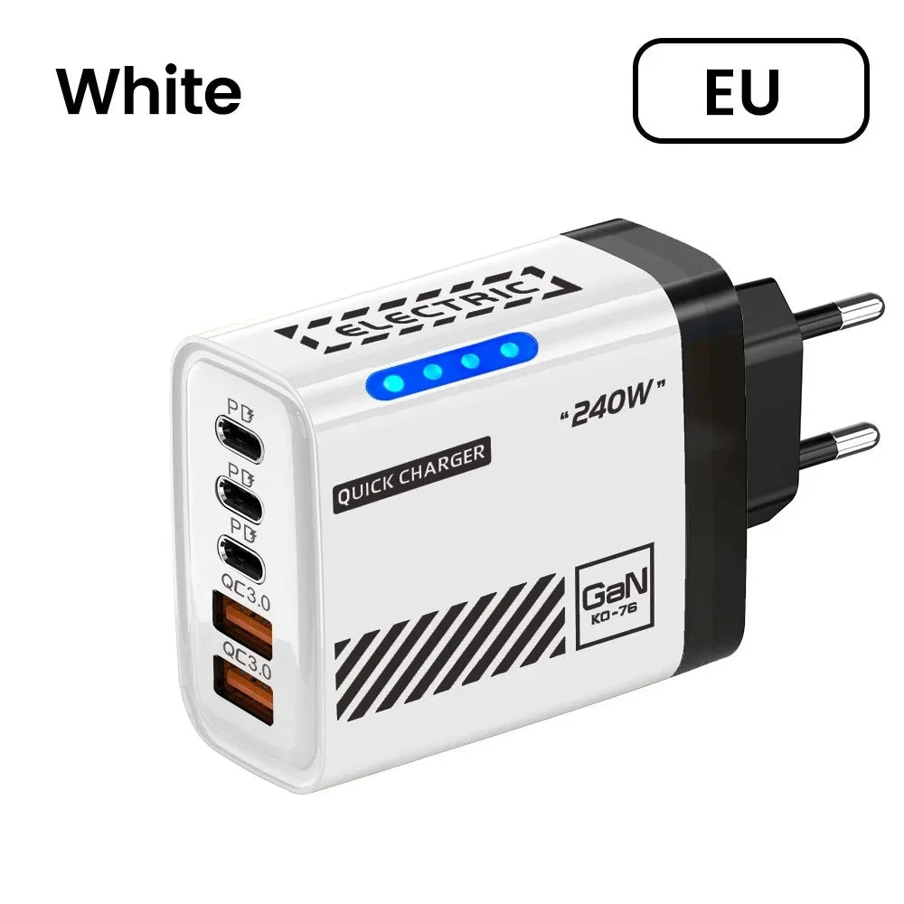 White EU 240W USB wall charger with 5 fast charging ports on a white background