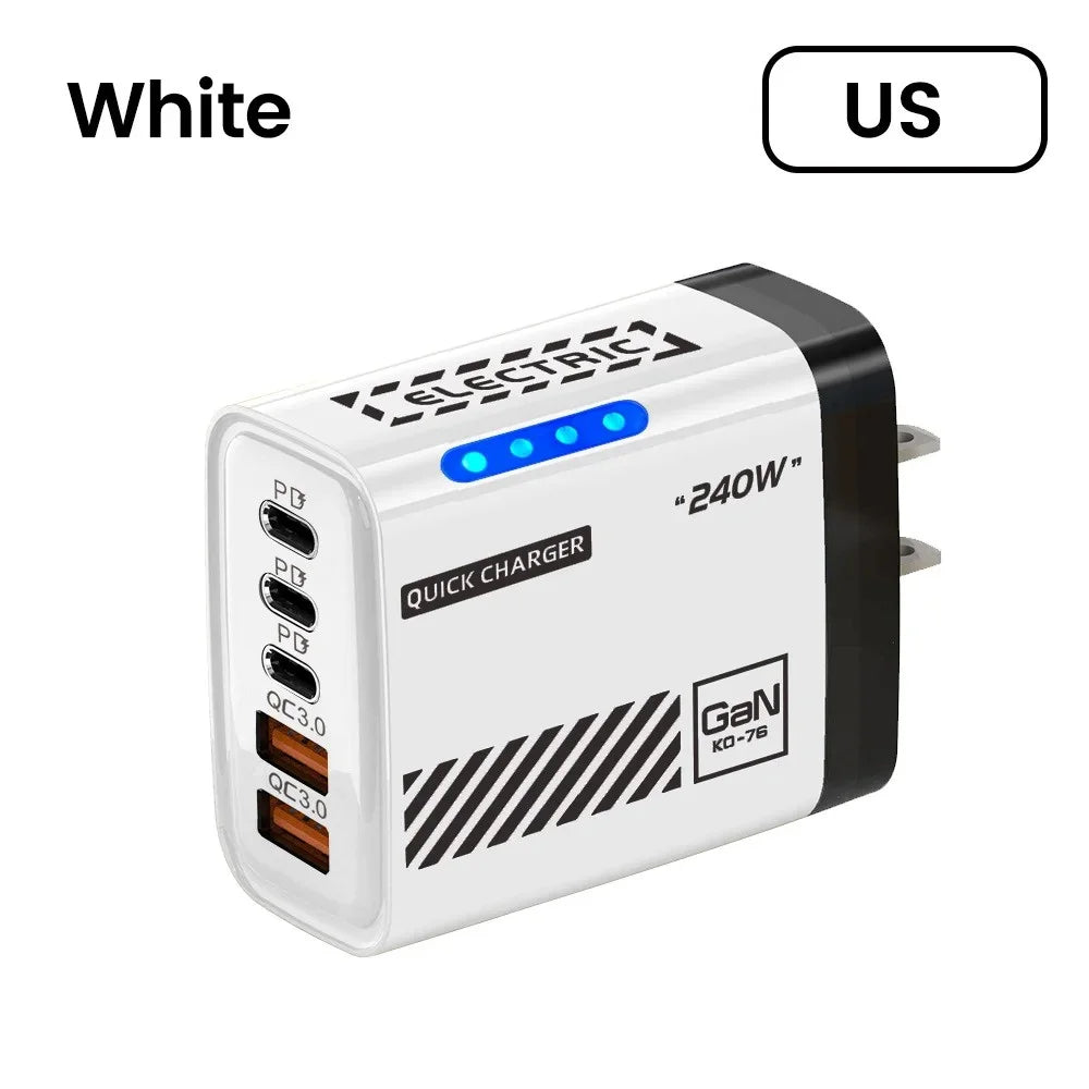 White US 240W USB wall charger with 5 fast charging ports on a white background