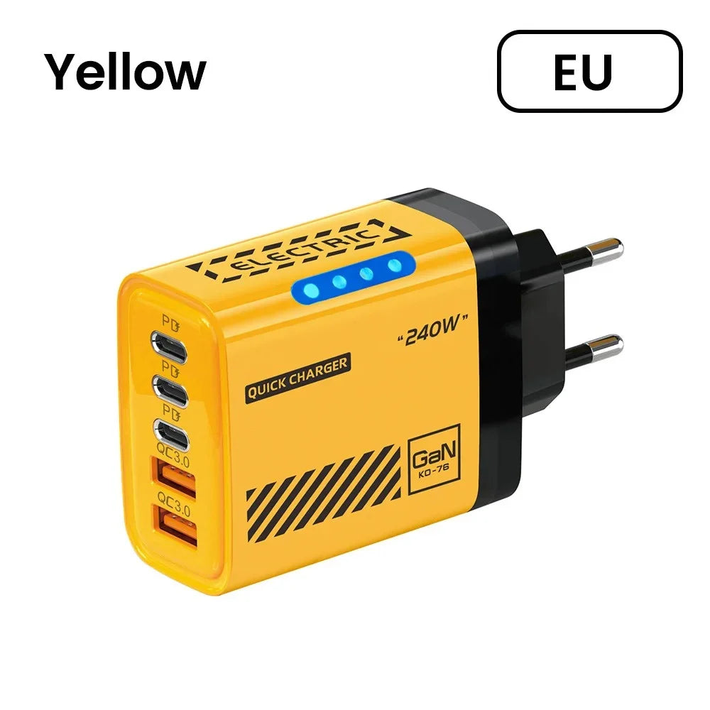 Yellow EU 240W USB wall charger with 5 fast charging ports on a white background