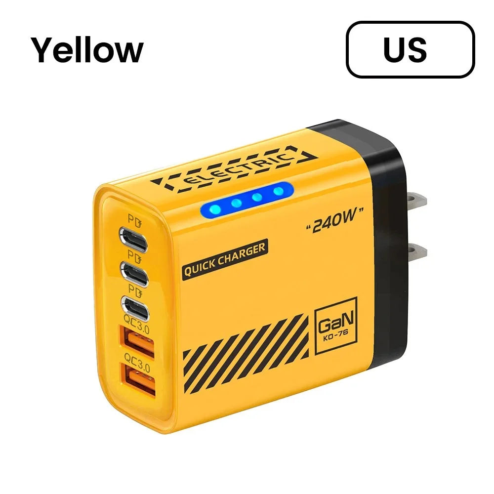 Yellow US 240W USB wall charger with 5 fast charging ports on a white background