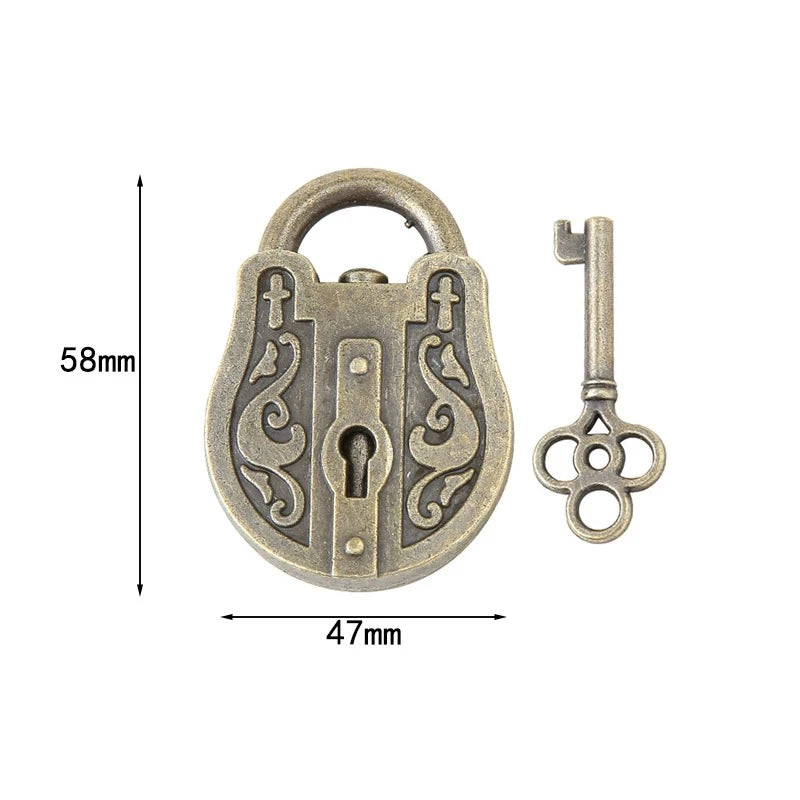 Bronze padlock variant with decorative design and matching key and 58mm by 47mm measurements on a white background.