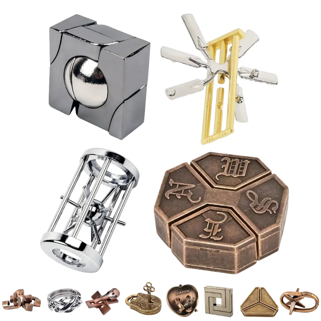 A set of various metal lock puzzles displayed on a transparent background.