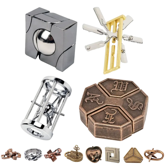 A set of various metal lock puzzles displayed on a transparent background.