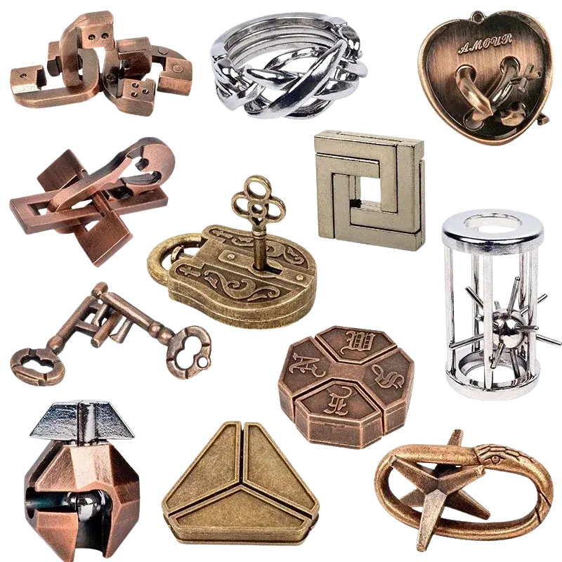 An assortment of different 3d metal locking puzzles on a transparent background.