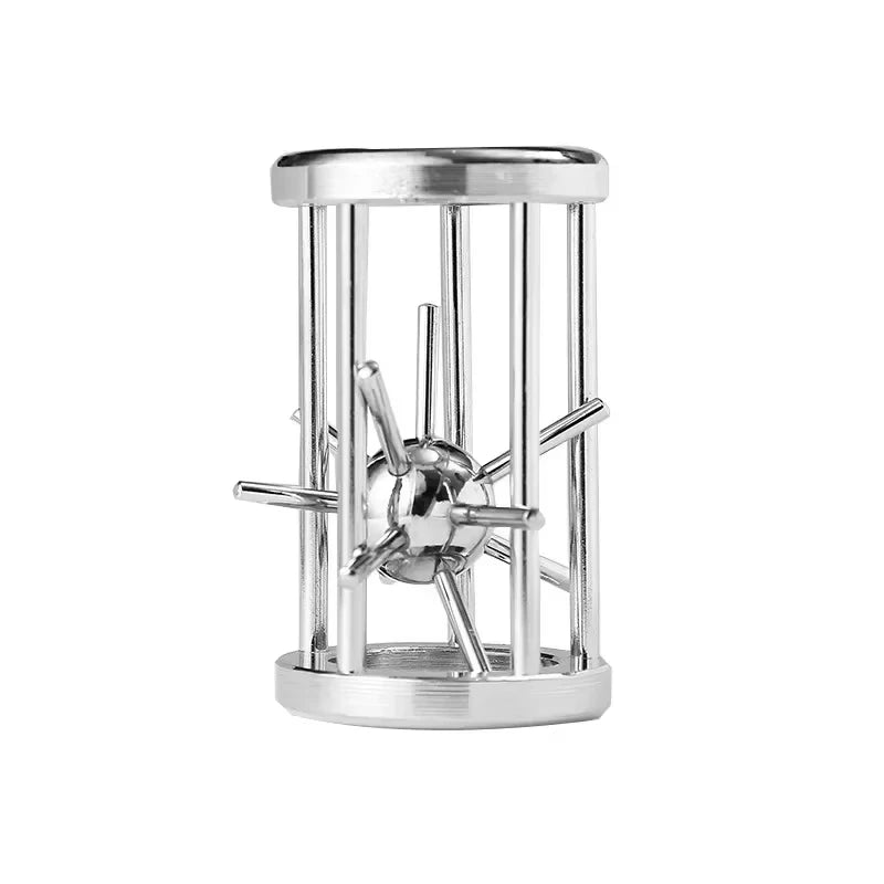 Cylindrical metal puzzle variant with trapped sphere inside on a white background