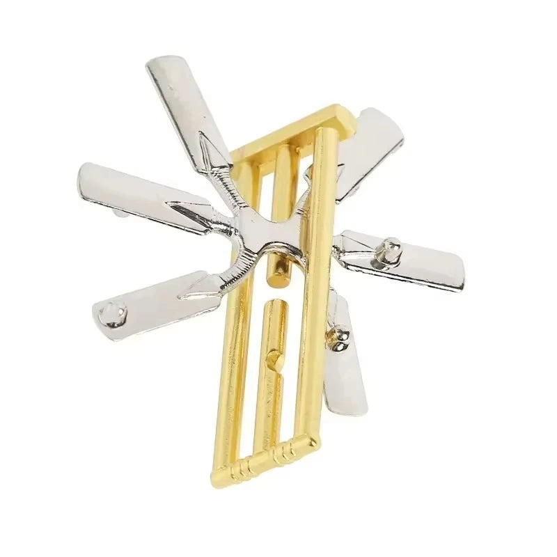 Metal fan puzzle variant with gold frame and silver blades on a white background