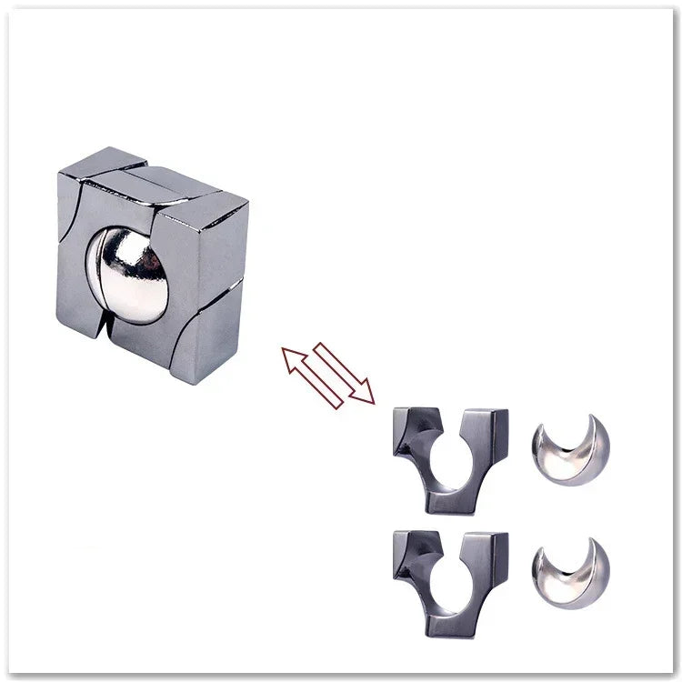 Metallic cube puzzle variant with a ball locked inside on a white background.