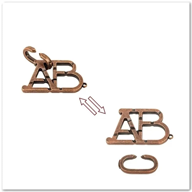 Metal ring puzzle variant interlocking with metal piece designed as AB on a white background.