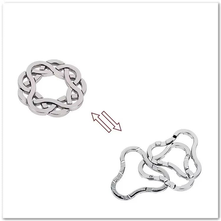 Puzzle variant consisting of three interlocking silver knot-shaped rings on a white background