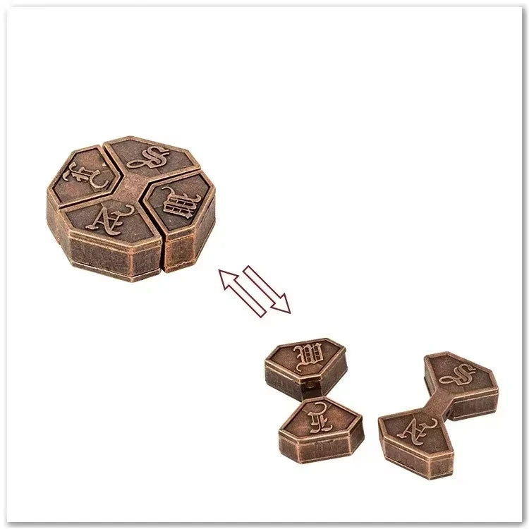 Bronze hexagonal puzzle variant with symbols, consisting of 2 pieces, on a white background.