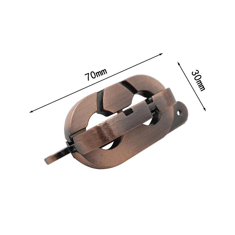 Bronze metal clip puzzle variant with dimensions 70mm by 30mm labeled on a white background