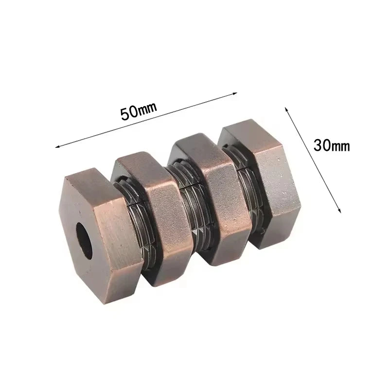 Metal nut and bolt puzzle variant with dimensions 50mm by 30mm labeled on a white background