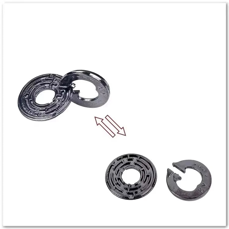 Metal puzzle variant with 2 interlocking rings on a white background.
