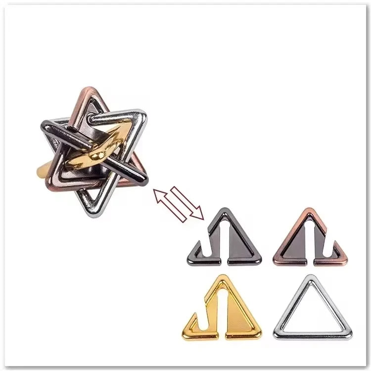 Puzzle variant consisting of a set of interlocking metal geometric shapes on a white background