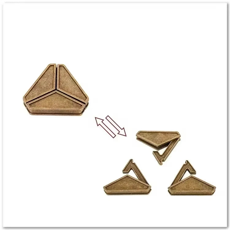 Bronze triangular puzzle variant made up of 3 pieces on a white background