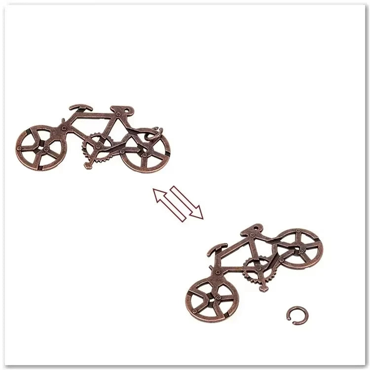 Metallic bicycle-shaped puzzle variant on a white background.
