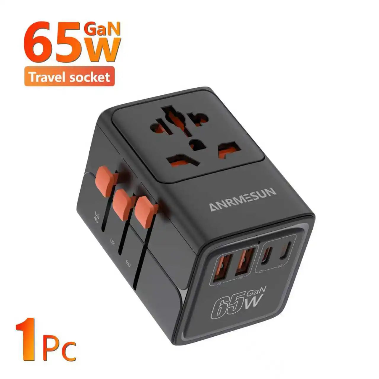 65W travel adapter, black variant, with multiple ports on a white background