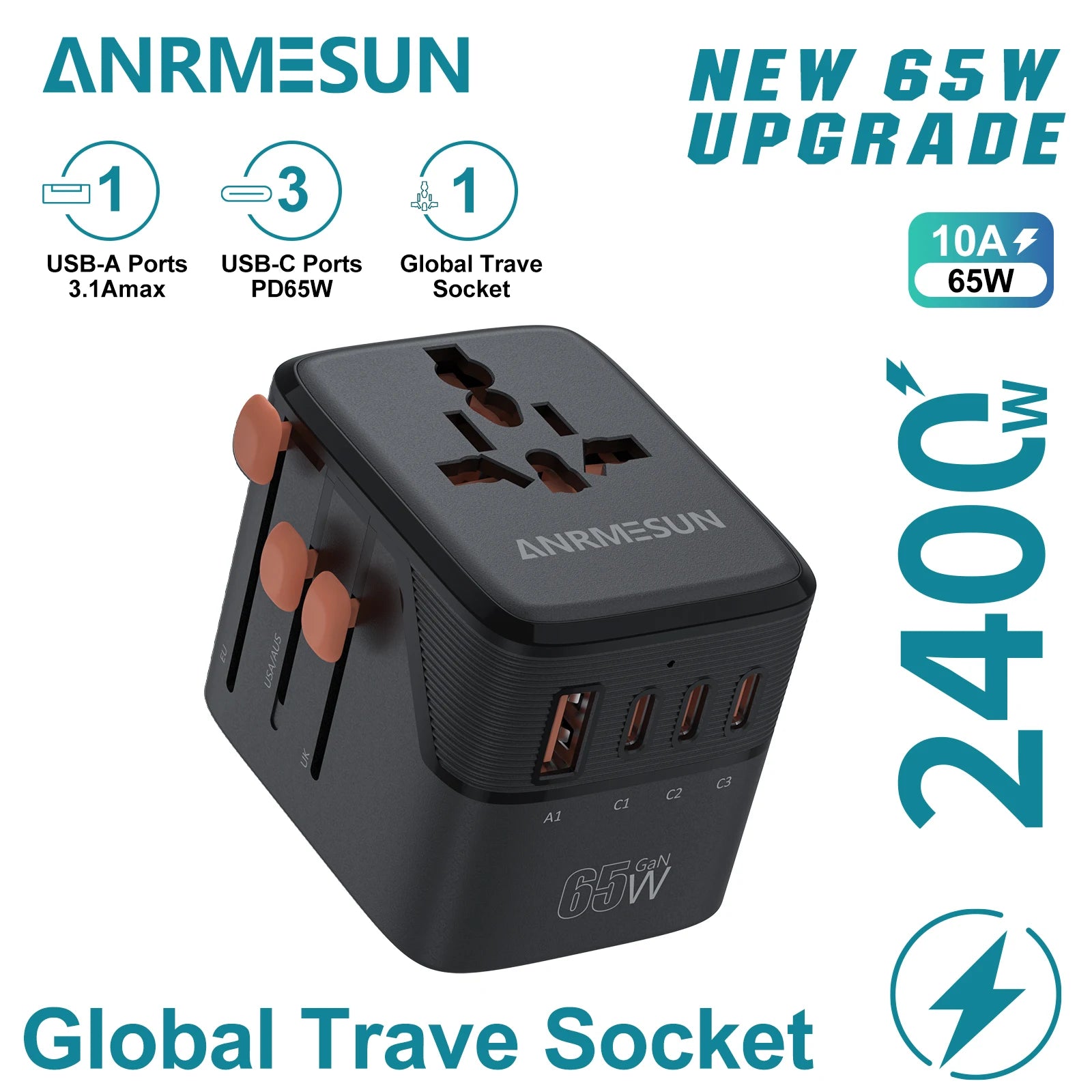 65w GaN travel adapter with multiple ports on a white background