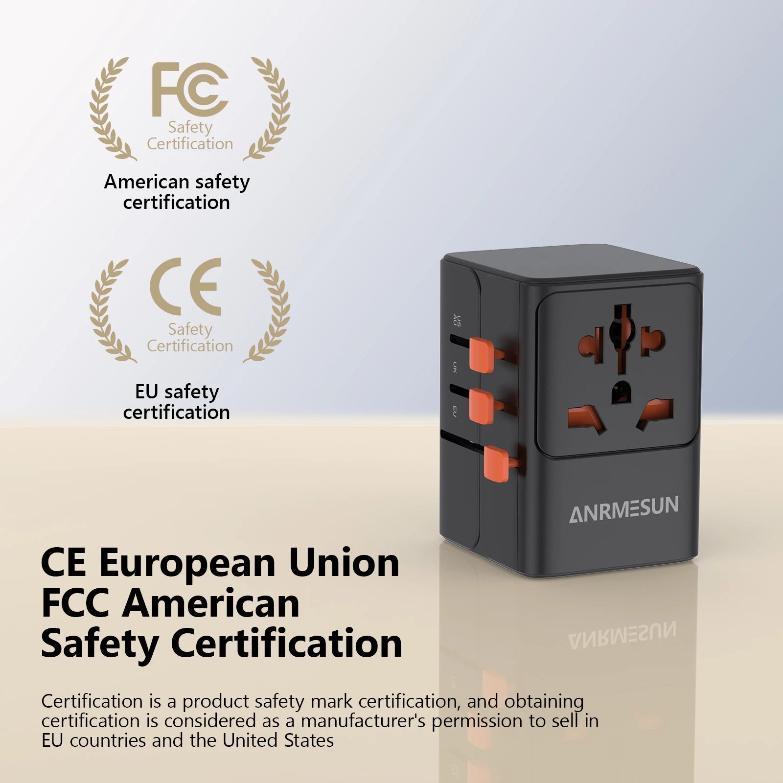 65W GaN travel adapter with safety certification logos on a light background