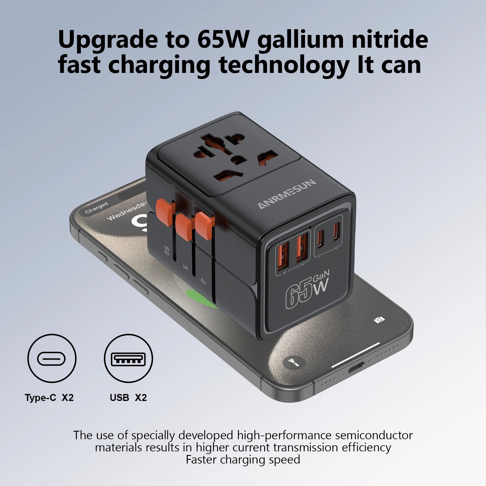 65w GaN travel adapter with multiple ports on a gray background, featuring text about gallium nitride fast charging technology.