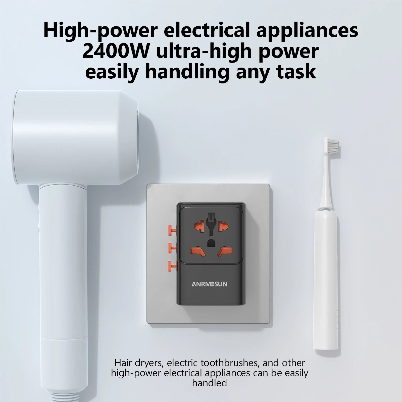 Hair dryer, electric toothbrush, and power outlet with text about high-power appliances.