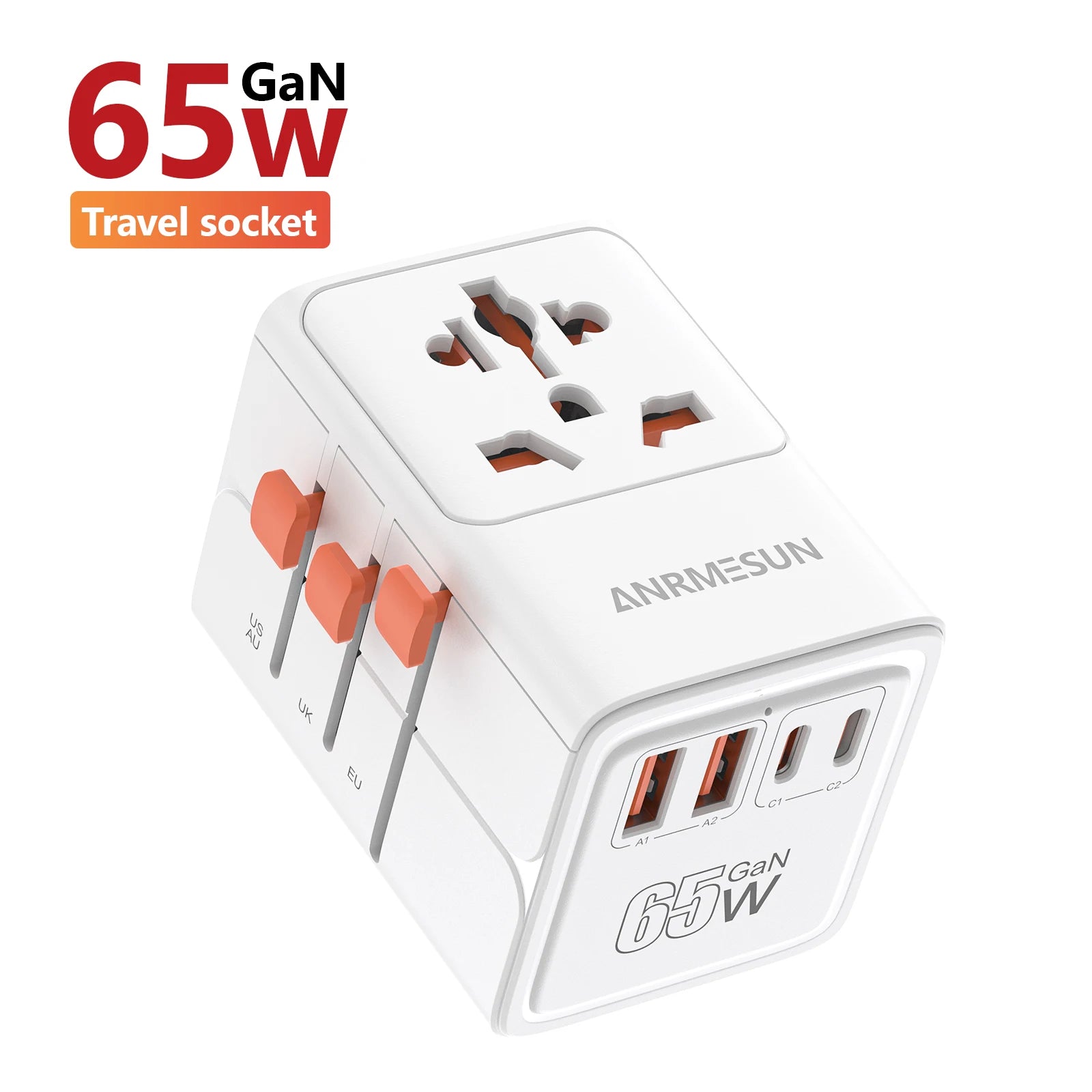65W travel adapter, white variant, with multiple ports on a white background