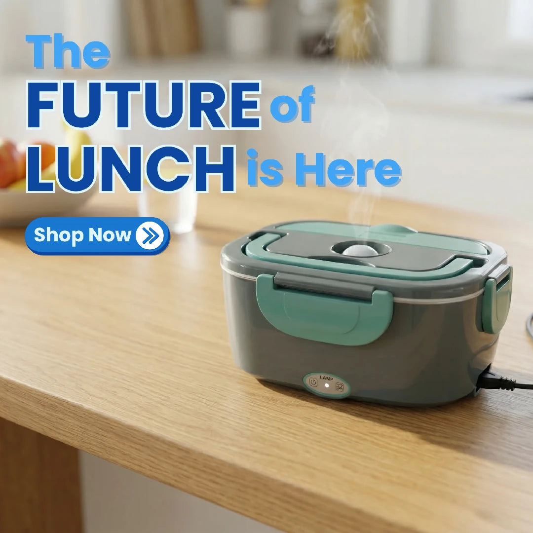 Banner image showing the gray electric lunch box product on a wooden kitchen counter with the headline text 'The Future of Lunch is Here.'