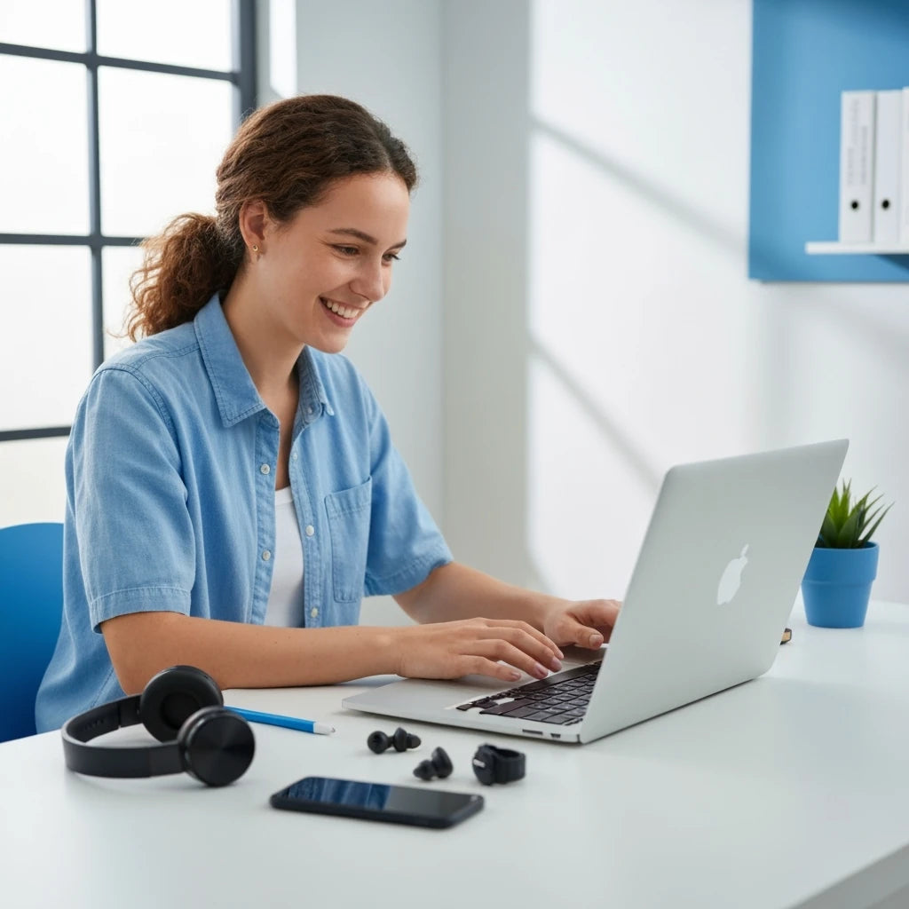 Woman using a laptop at a desk with a blue wall and window in the background