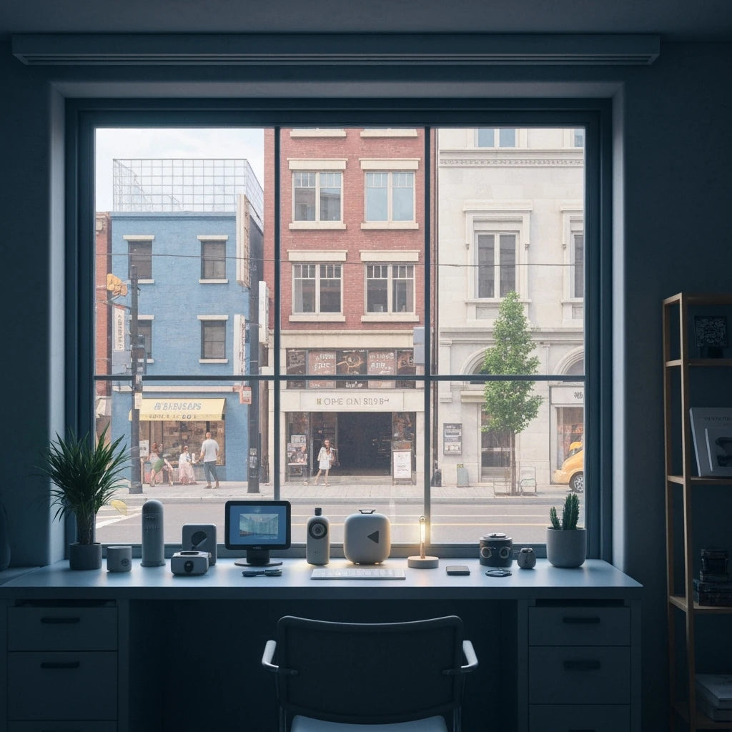 Modern office desk with computer setup in front of a large window showing city street view.