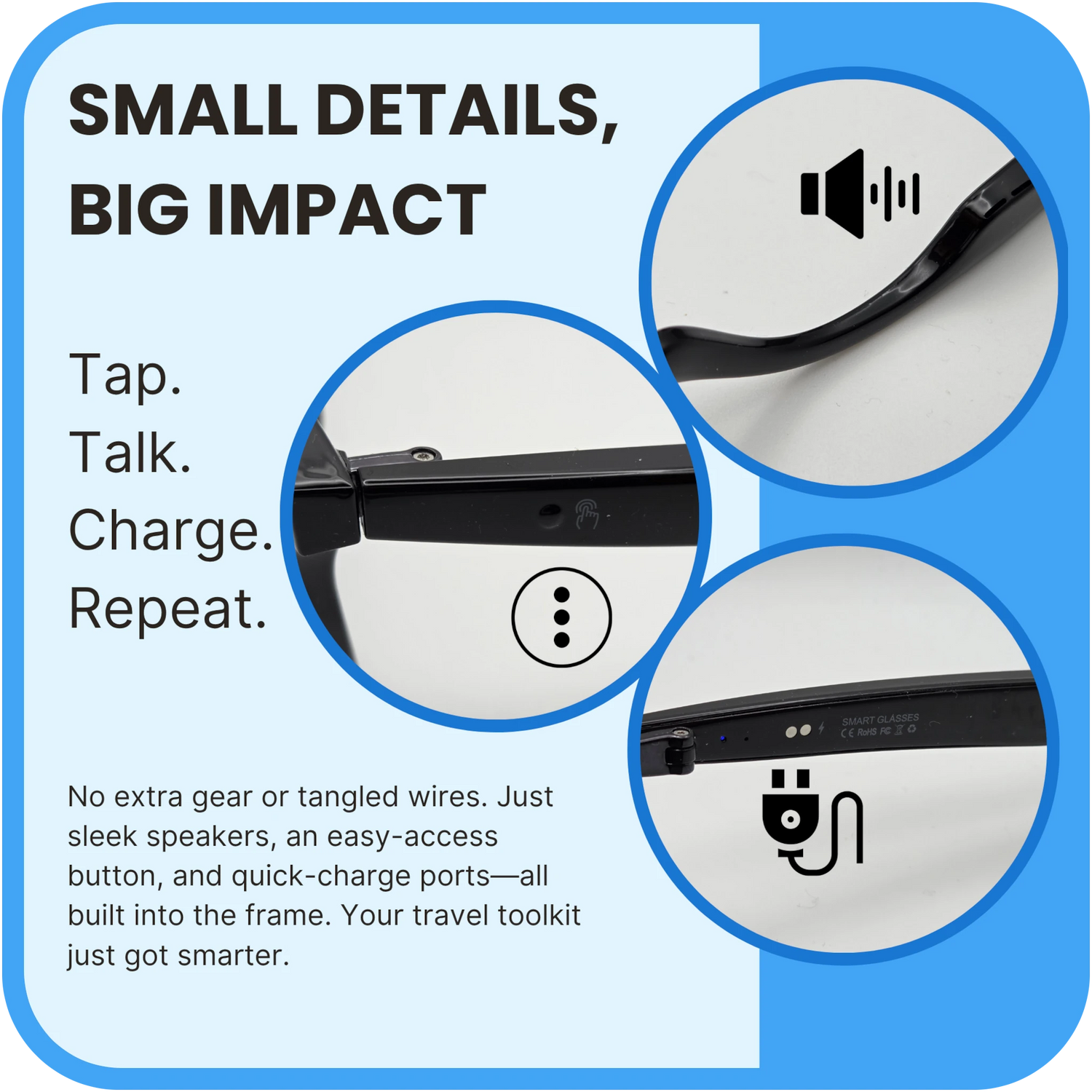 Smart glasses audio features with icons and text on a blue background